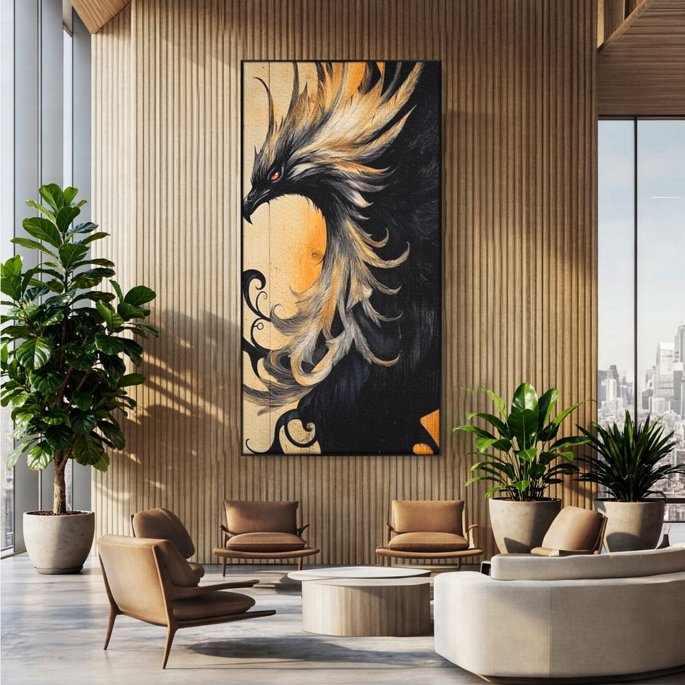 Tablou canvas cu tablou canvas cu pasare mitologica phoenix, in rama de aluminiu negru, pe perete intr-un birou
